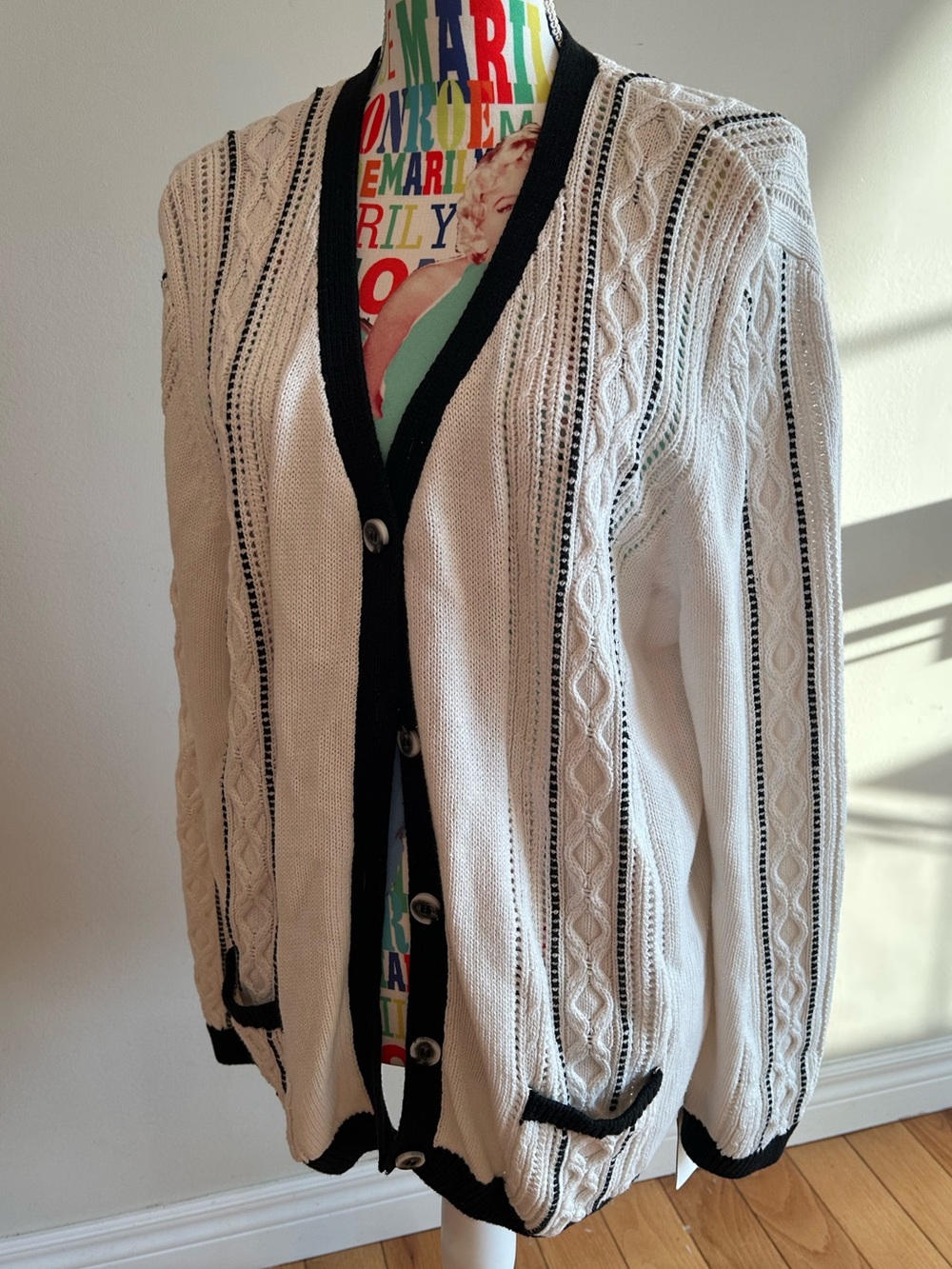 Tabi Cream Cable Knit Cardigan with Black Trim
